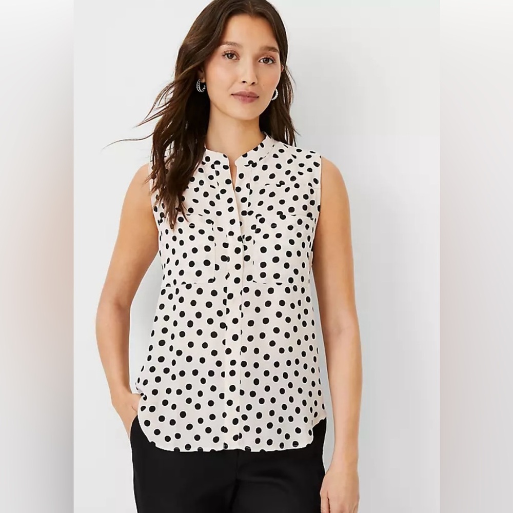 ⚫⚪ Ann Taylor Sleeveless Polka Dot Blouse – XLP Petite – Pearl Shadow ⚪⚫